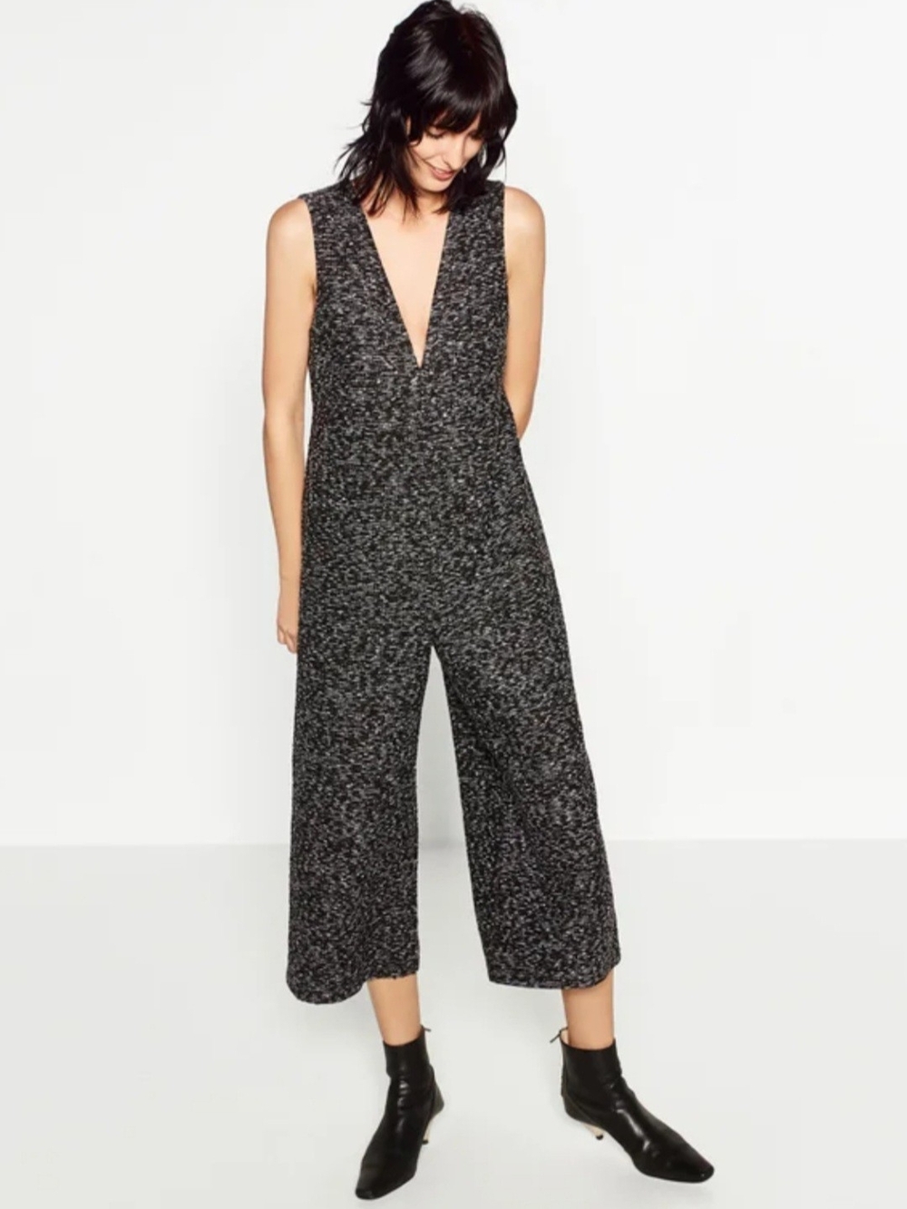 Zara Sleeveless Deep V-Neck Wide-Leg Jumpsuit